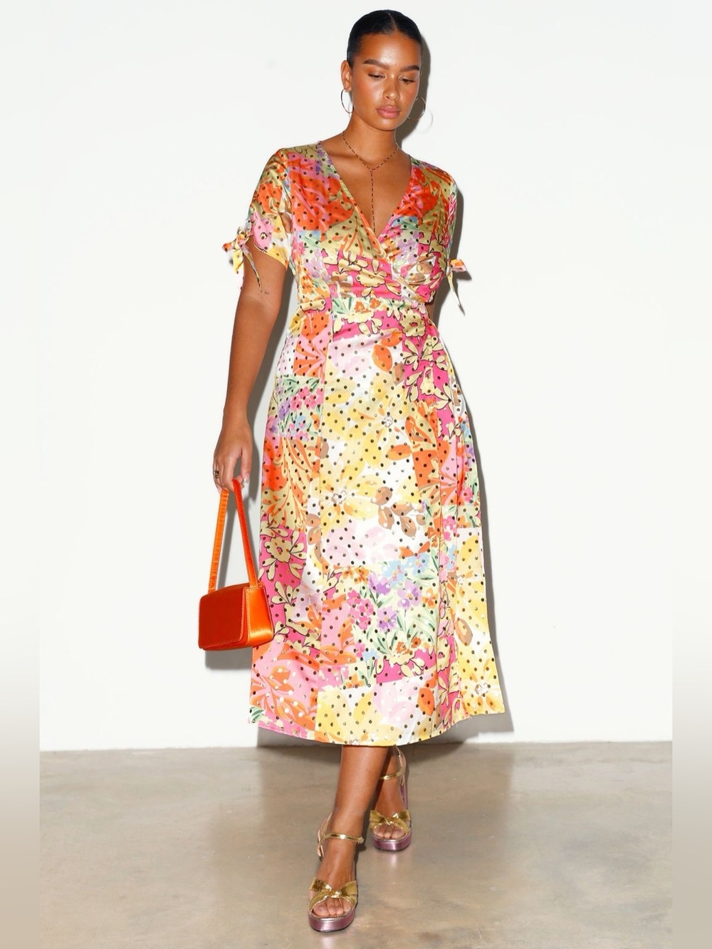 EUC Never Fully Dressed Primrose Patchwork Gold Metallic Dotted Wrap Midi Dress